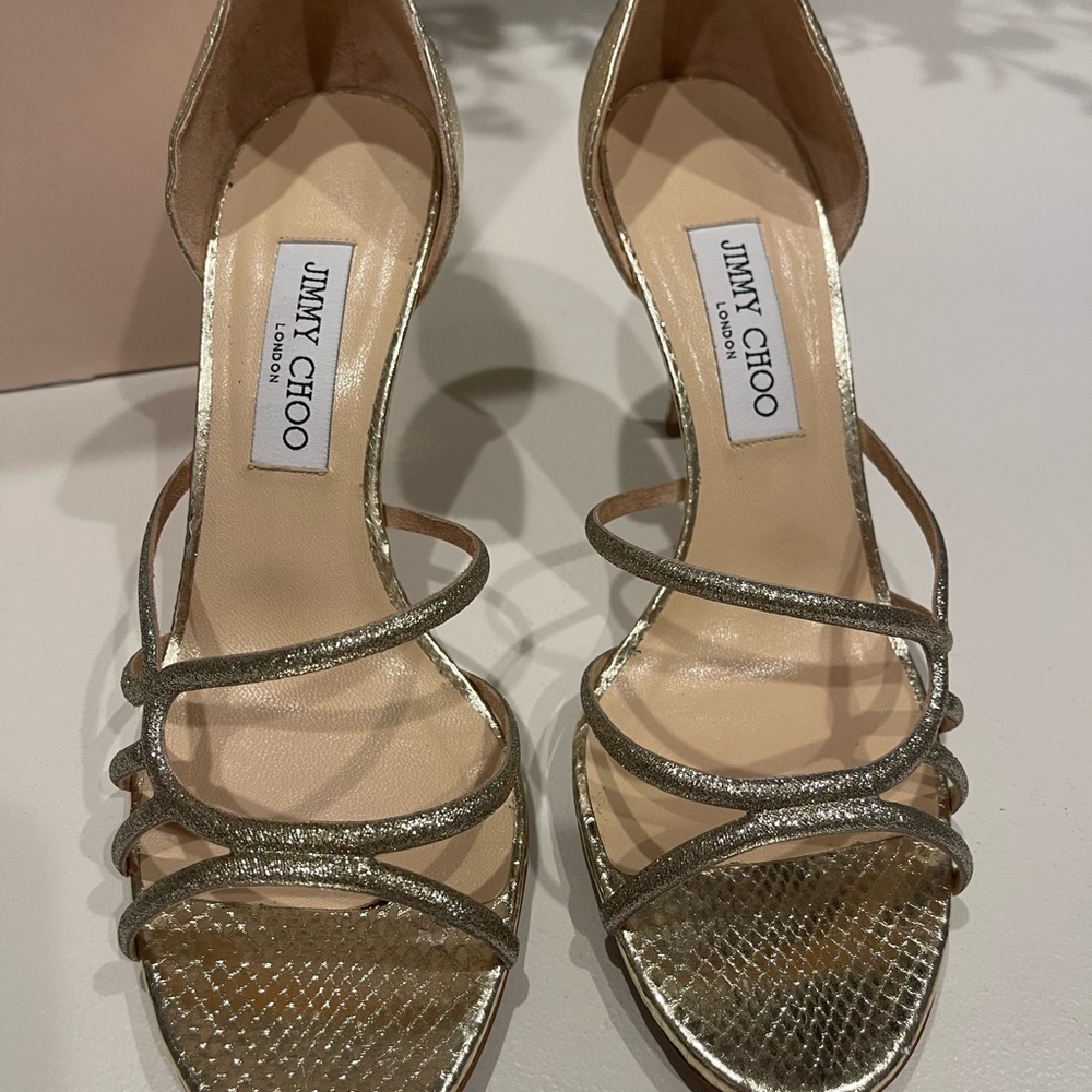 Jimmy Choo gold open toe strappy heels, size 40.5, great condition